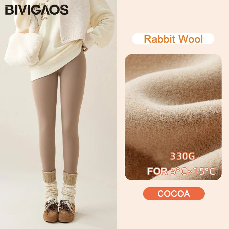 Person wearing beige leggings with a close-up of rabbit wool texture and product details on a light background.