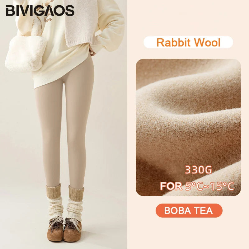 Person wearing beige leggings with a close-up of rabbit wool and product details on a light background