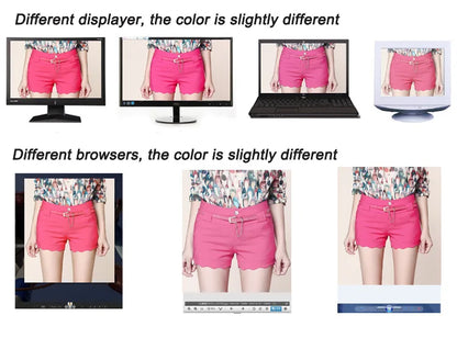 Multiple views of pink shorts on a person with text indicating color differences due to displayers and browsers.