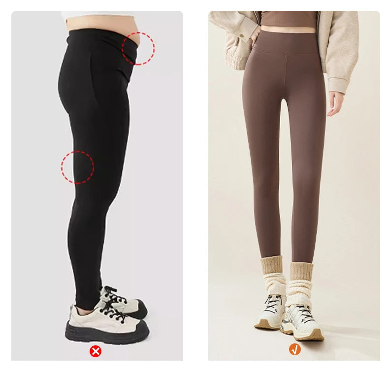 Comparison of black and brown leggings on a person against a plain background