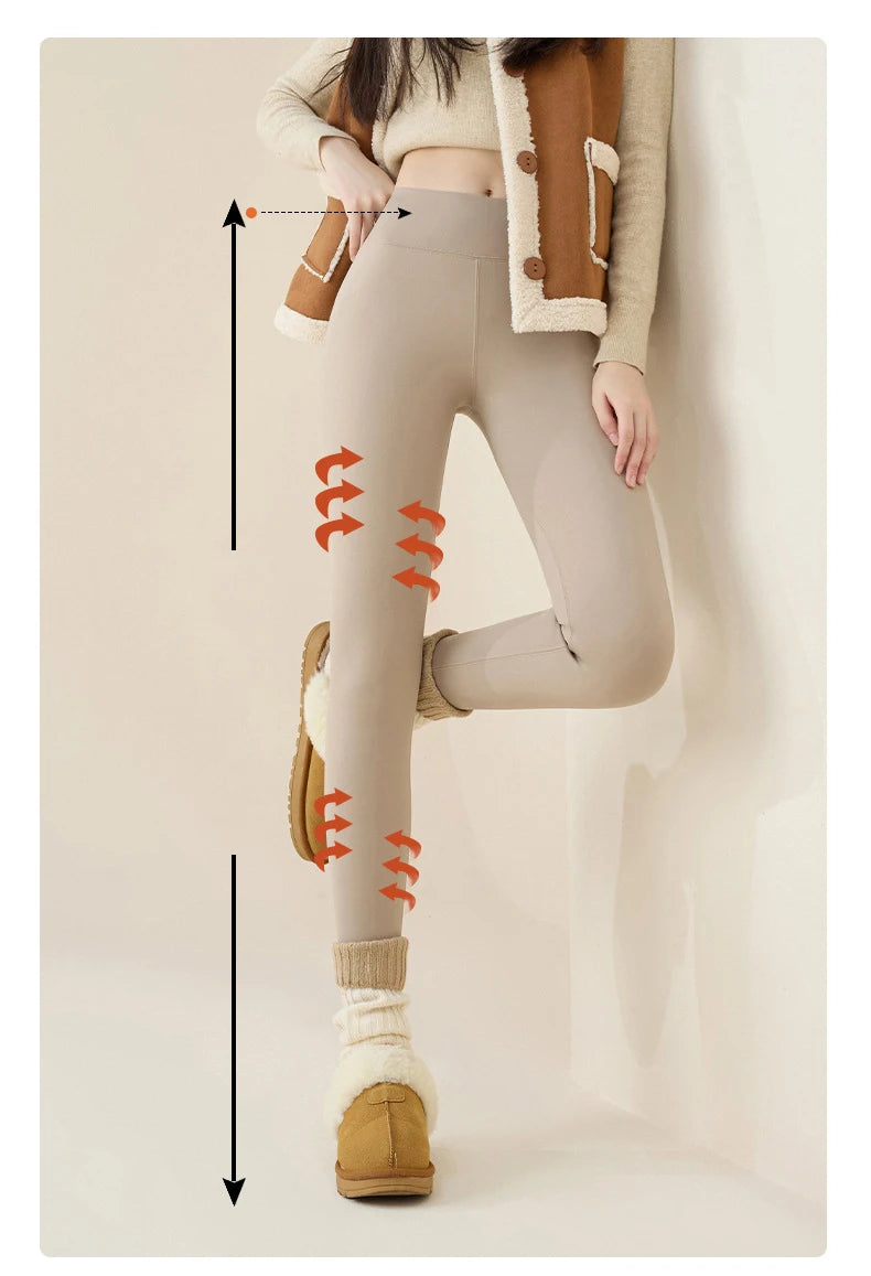 Person wearing beige leggings with a measurement chart on a plain background