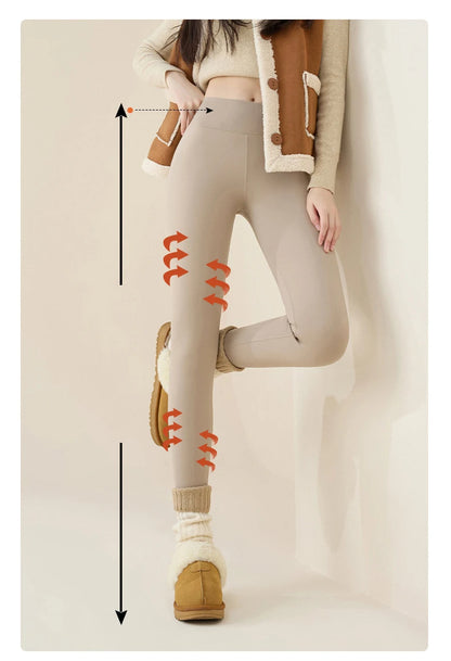 Person wearing beige leggings with a measurement chart on a plain background