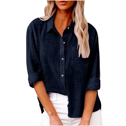 Navy blue button-up shirt worn by a person on a white background
