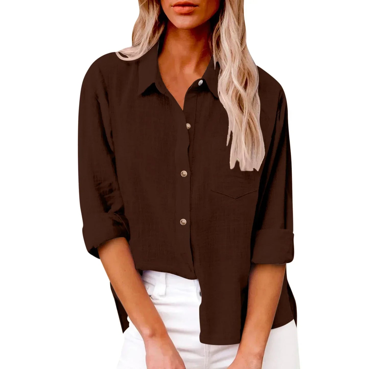 Brown button-up shirt worn by a person on a white background
