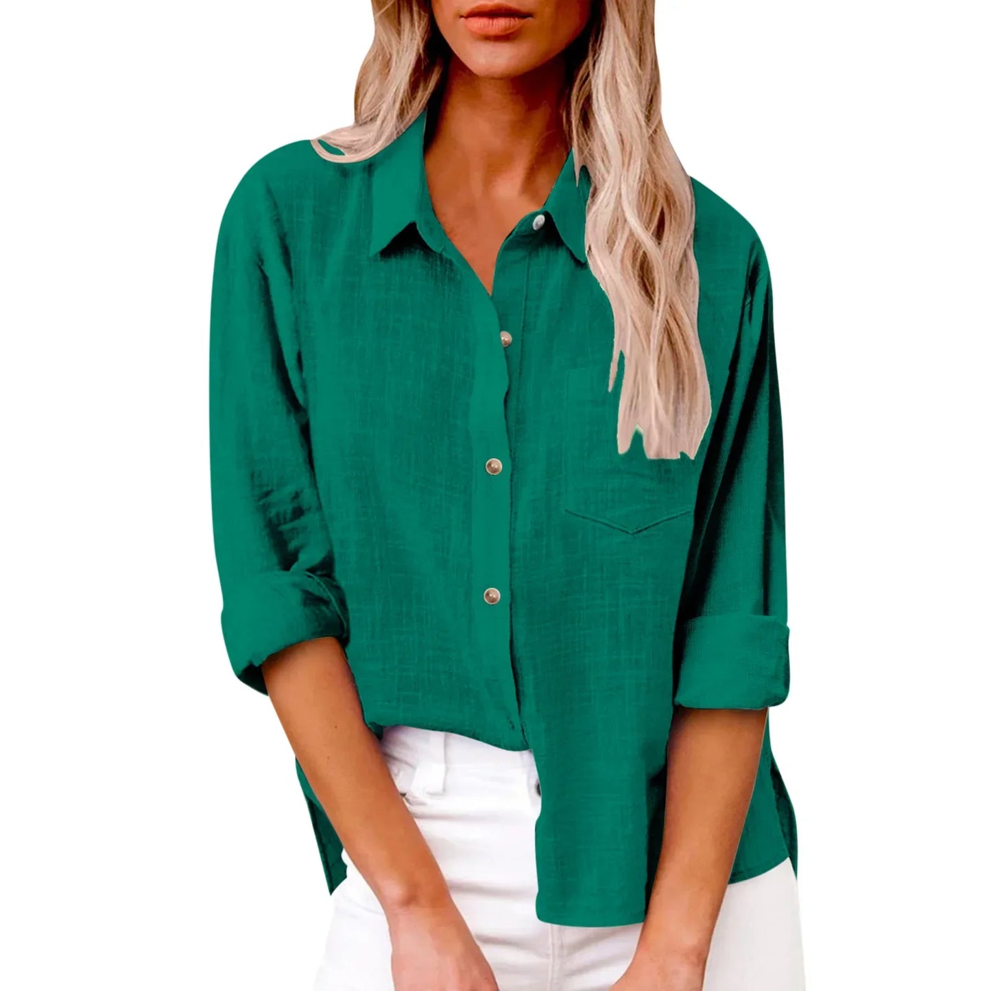 Woman wearing a green button-up shirt on a white background