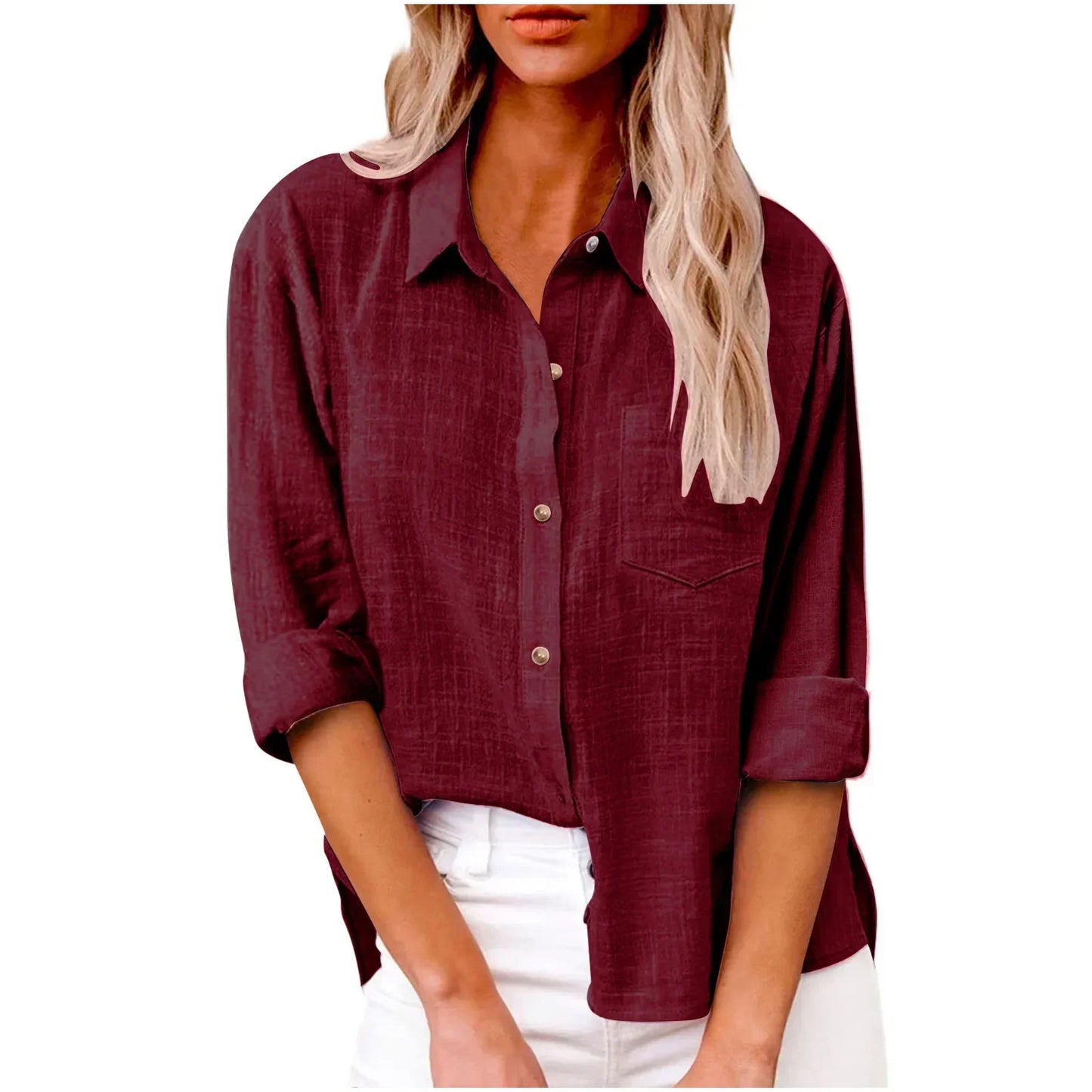 Maroon button-up shirt worn by a person on a white background