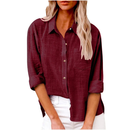Maroon button-up shirt worn by a person on a white background