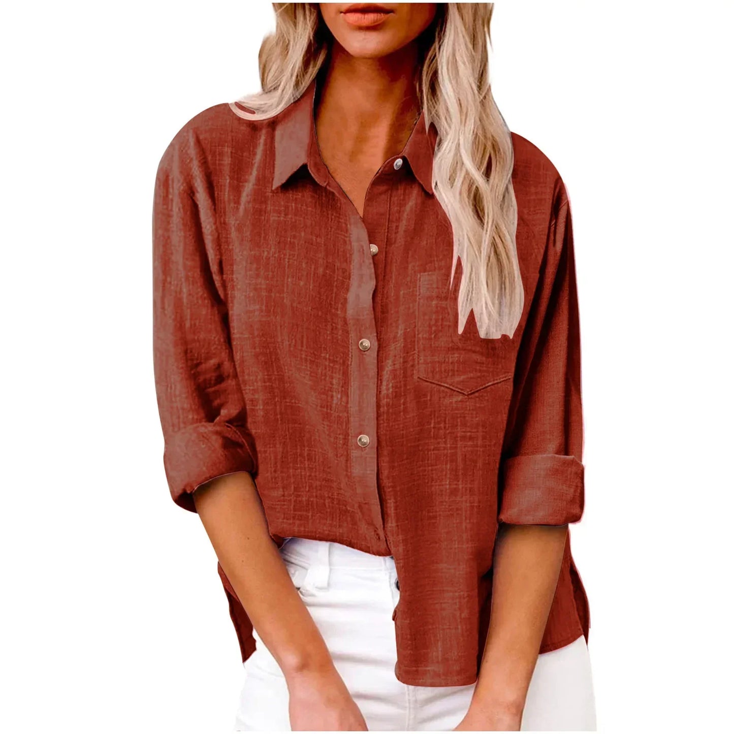 Brown button-up shirt worn by a person on a white background