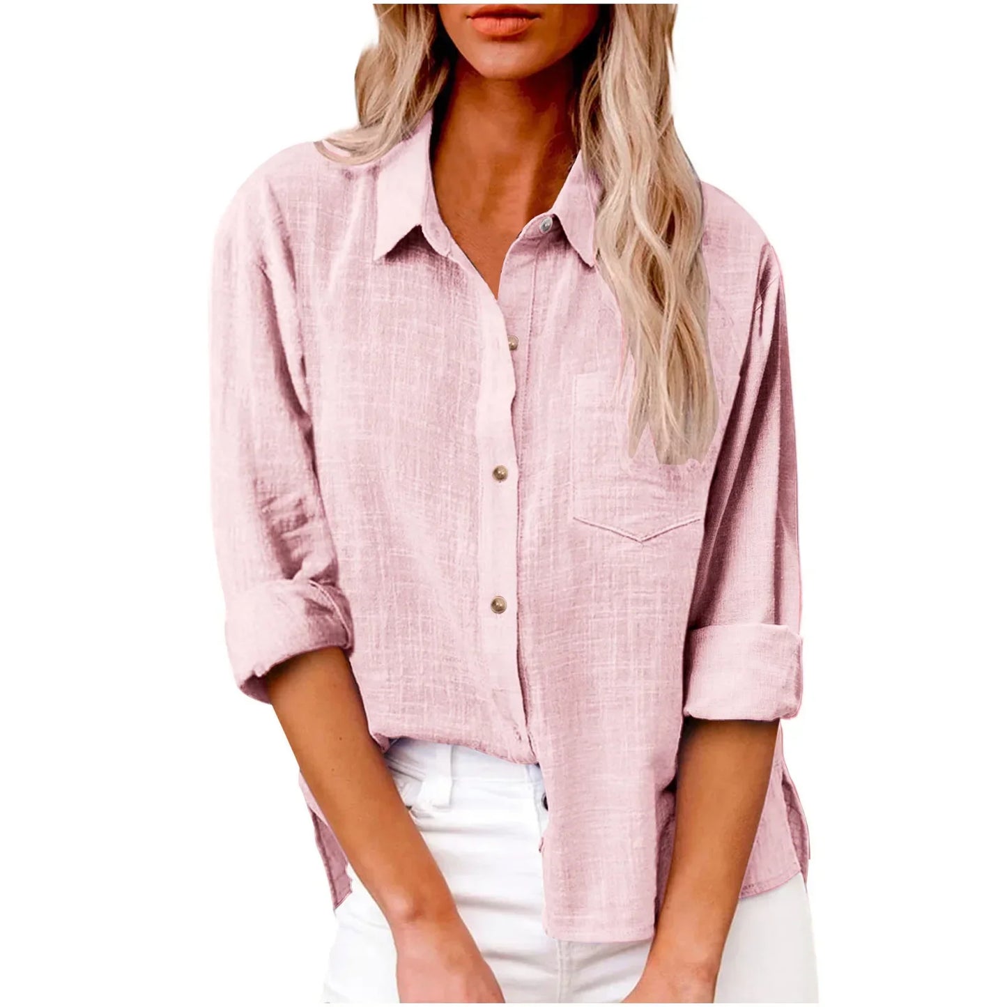 Pink button-up shirt worn by a person on a white background