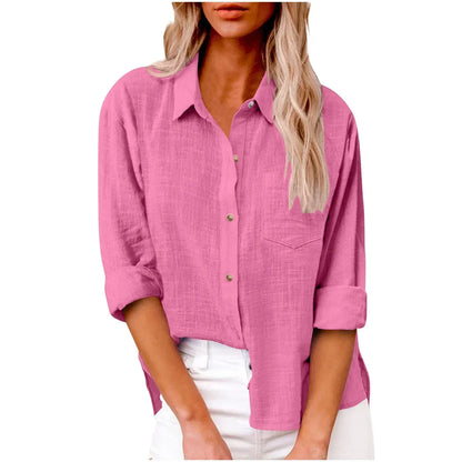Pink button-up shirt worn by a person on a white background