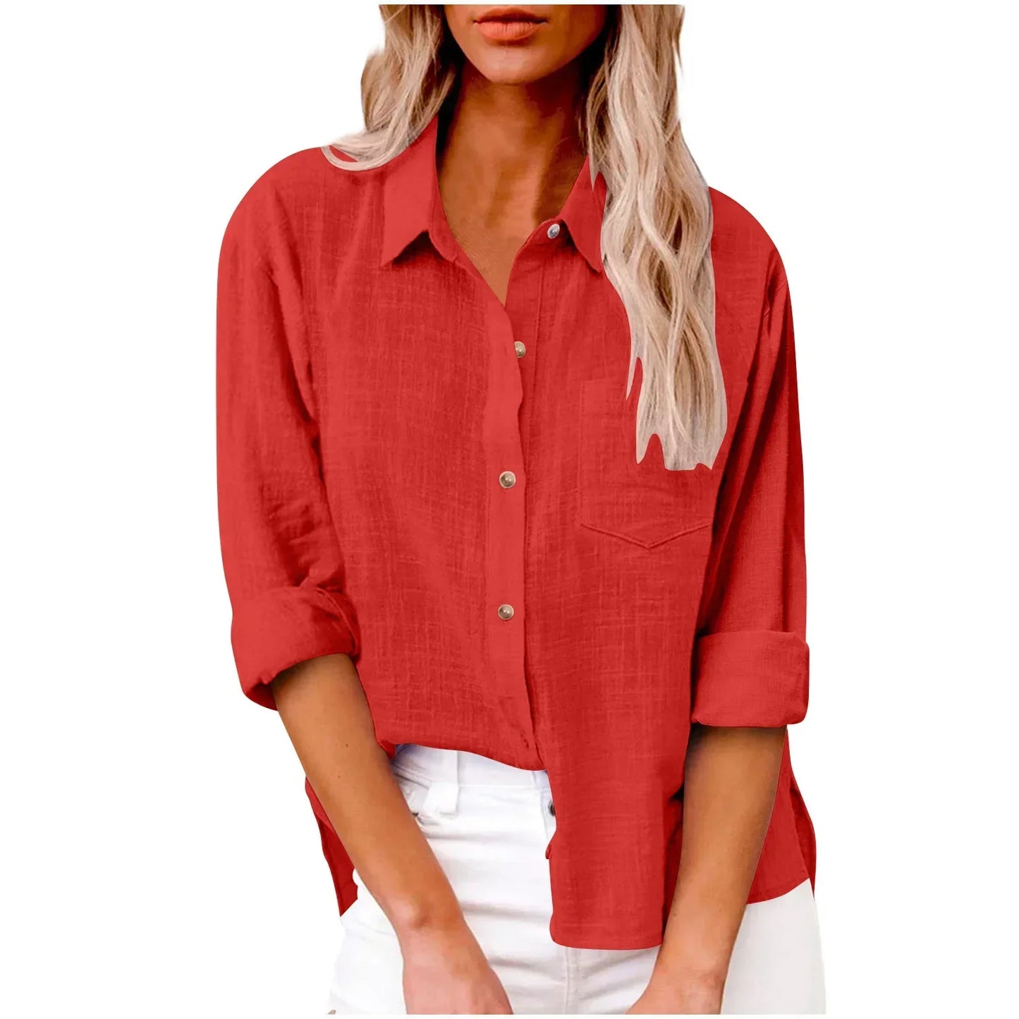 Red button-up shirt worn by a person on a white background