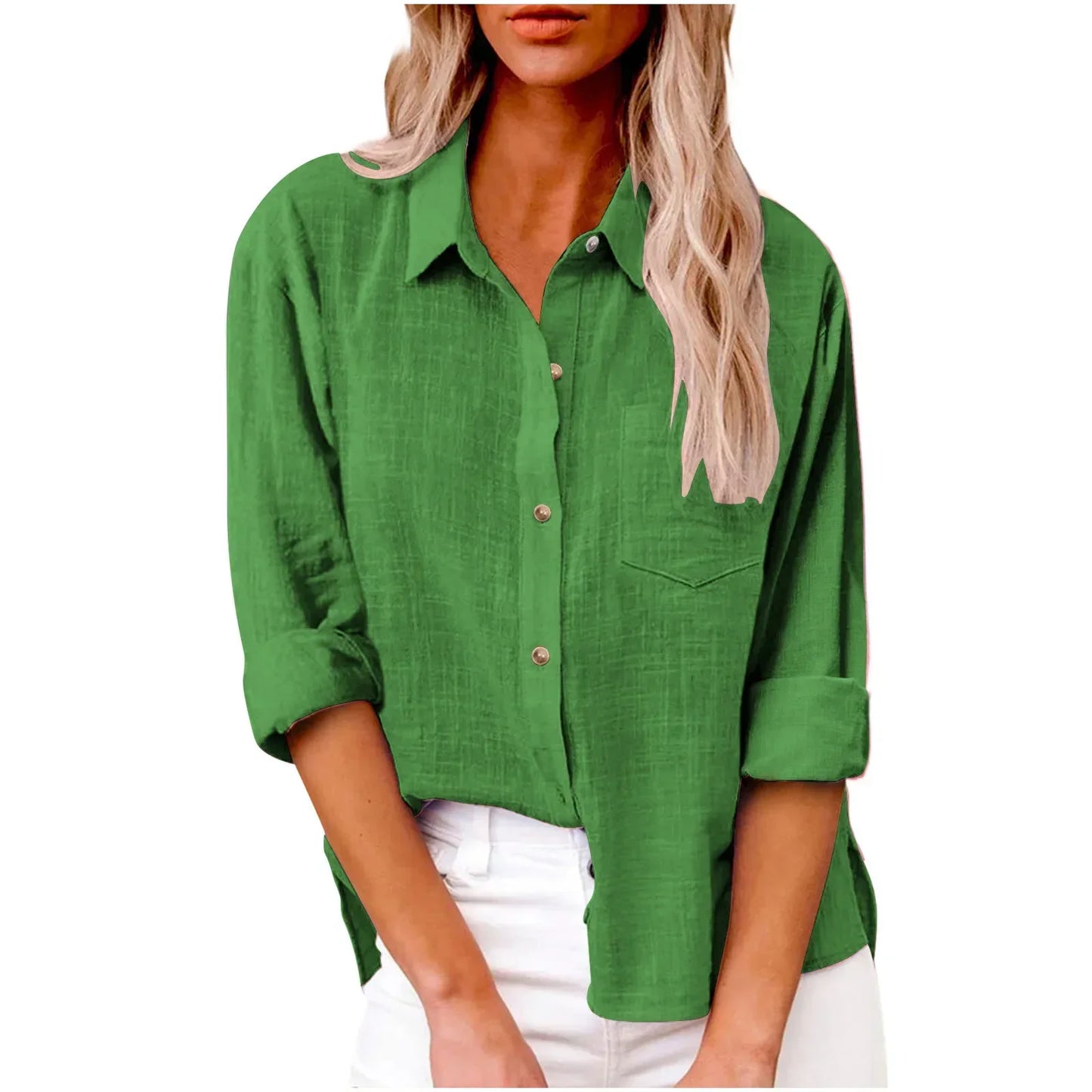 Green button-up shirt worn by a person on a white background