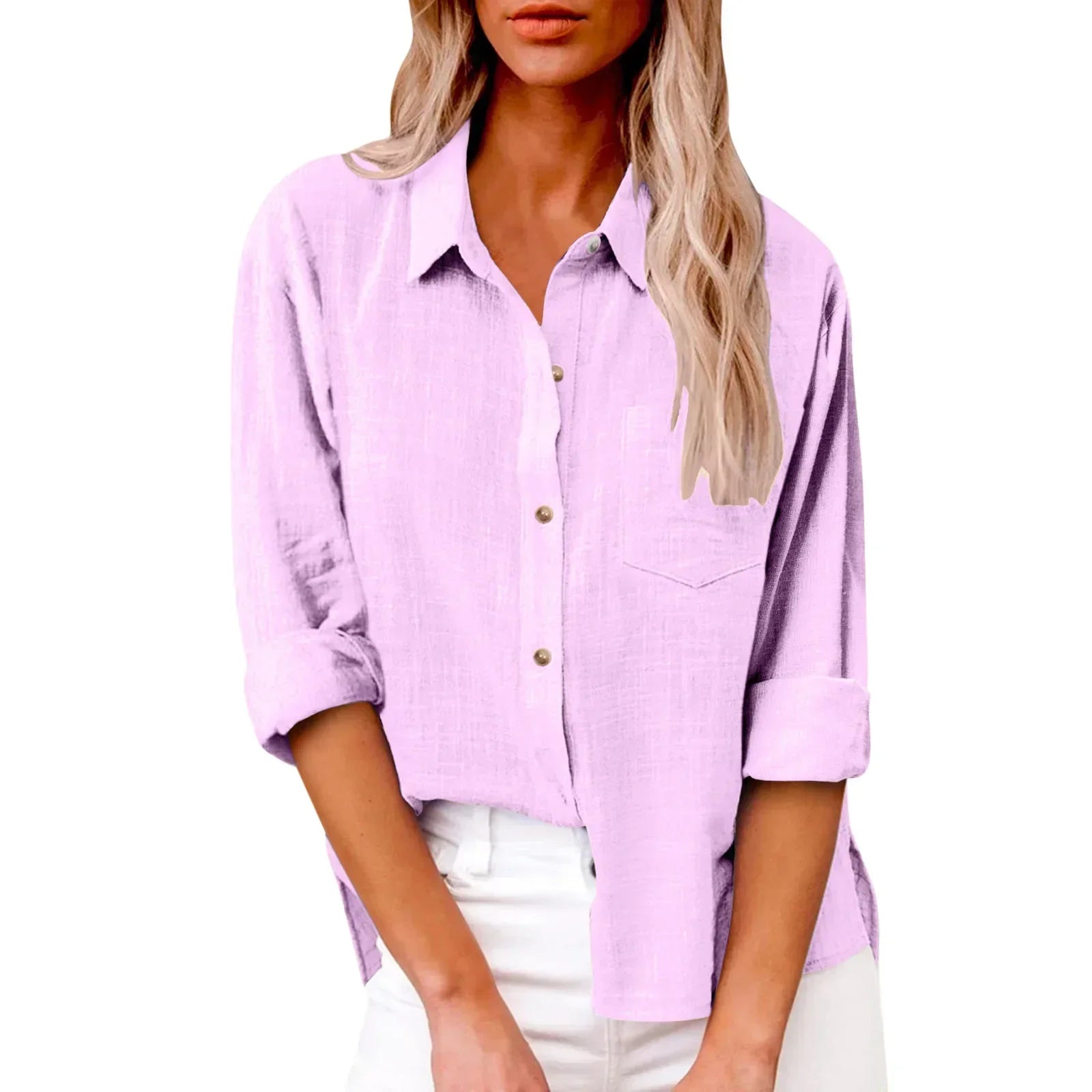 Woman wearing a light purple button-up shirt on a white background