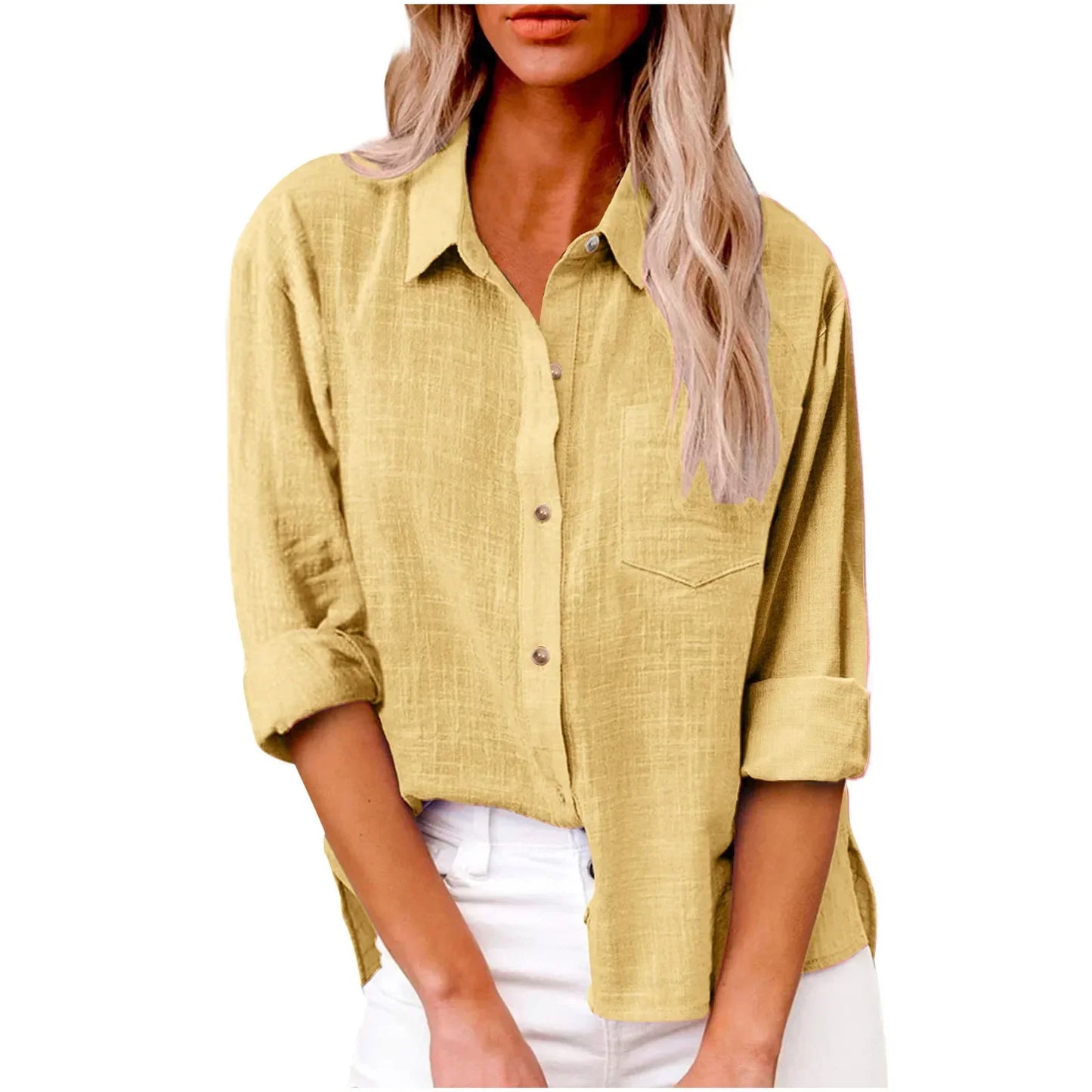 Yellow button-up shirt worn by a person on a white background