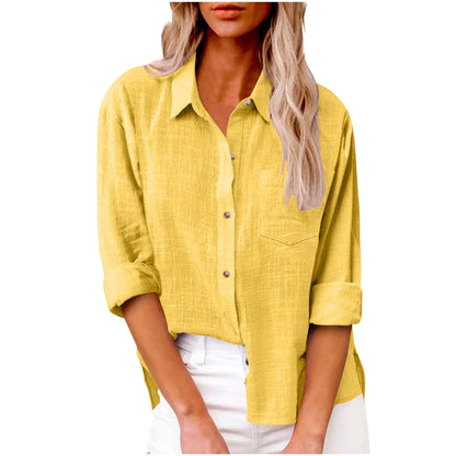 Yellow button-up shirt worn by a person on a white background