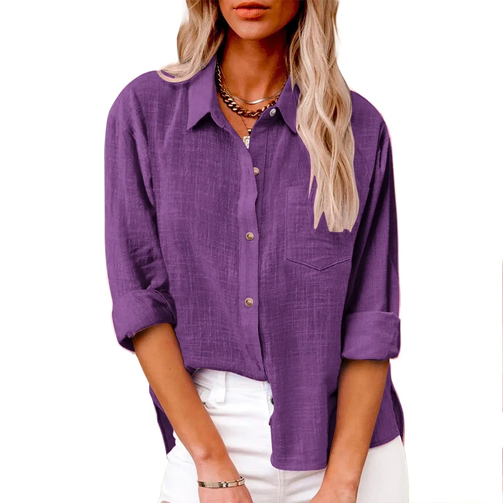 Purple button-up shirt worn by a person on a white background