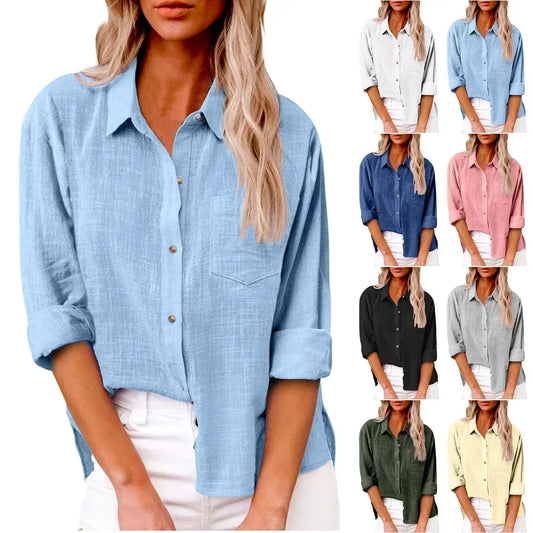 Woman wearing a light blue button-up shirt with color options displayed below.