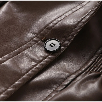 Close-up of a brown leather jacket with a button