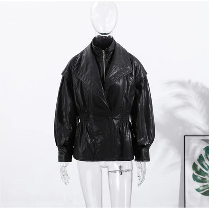 Black leather jacket on a mannequin against a white background