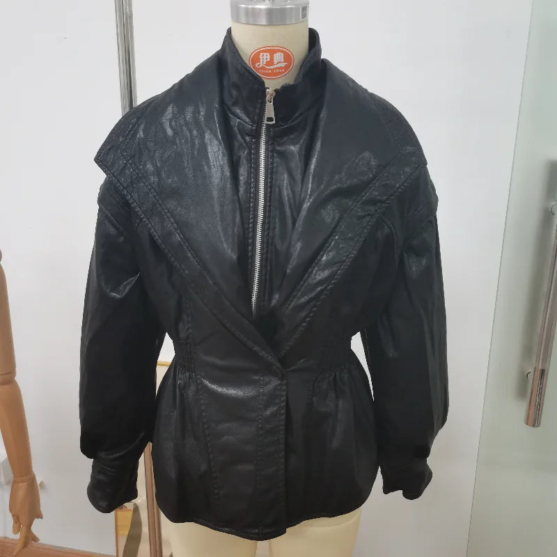 Black leather jacket on a mannequin against a white background