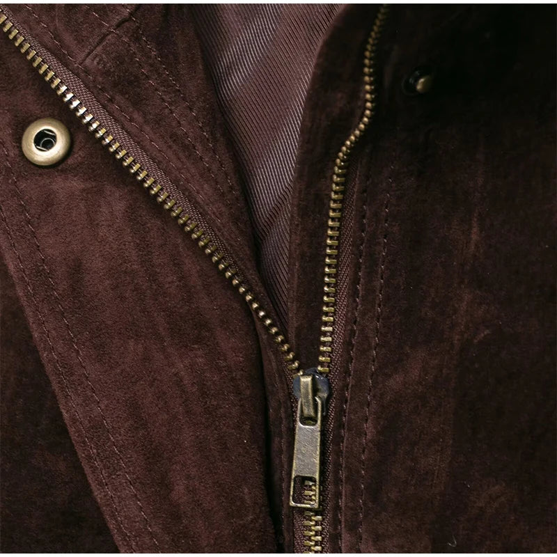 Close-up of a brown jacket with a zipper and button details.