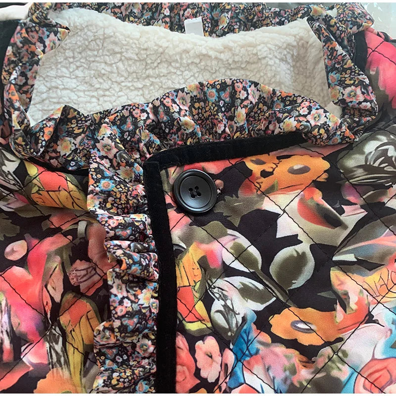 Floral-patterned fabric with a button on a floral background