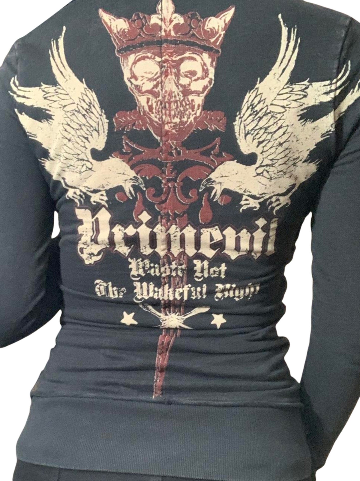 Black long-sleeve shirt with a graphic design featuring a skull, wings, and text on a white background.