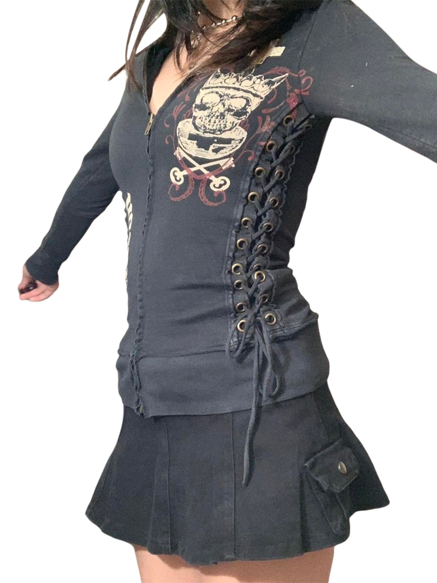 Black lace-up jacket with skull design on a white background