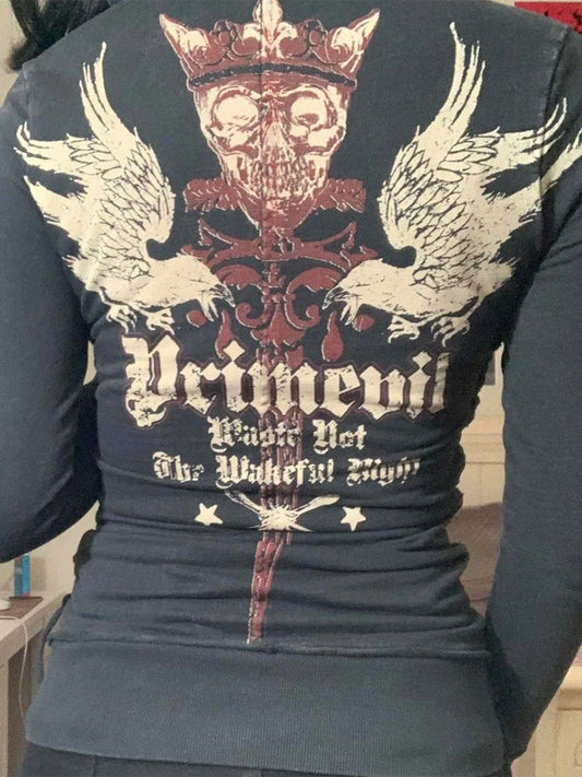 Long-sleeve shirt with a graphic design featuring wings and text on a dark background.