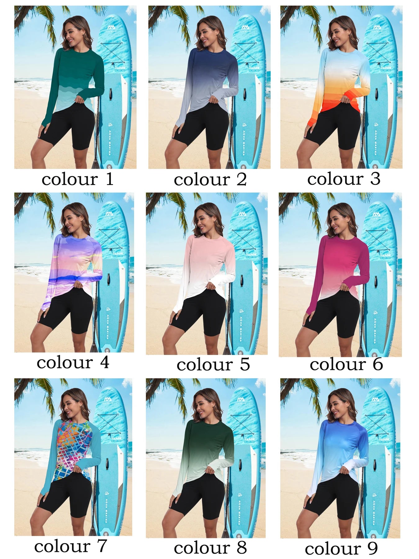 Grid of nine color options for a swimsuit with a person wearing it on a beach background.