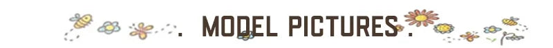 Decorative text 'MODEL PICTURES' with floral and insect illustrations on a white background