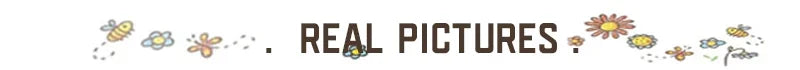 Decorative text 'REAL PICTURES' with floral and bee illustrations on a white background